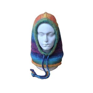 Handmade Multi-color Knit Balaclava Hood Open-Face Kapor Style Wool Mohair Blend